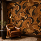 Burl wood marquetry wallpaper in a reading corner with a leather armchair and brass floor lamp