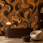 Burl wood marquetry wallpaper in an entryway with a fluted wooden console and boucle accent chair