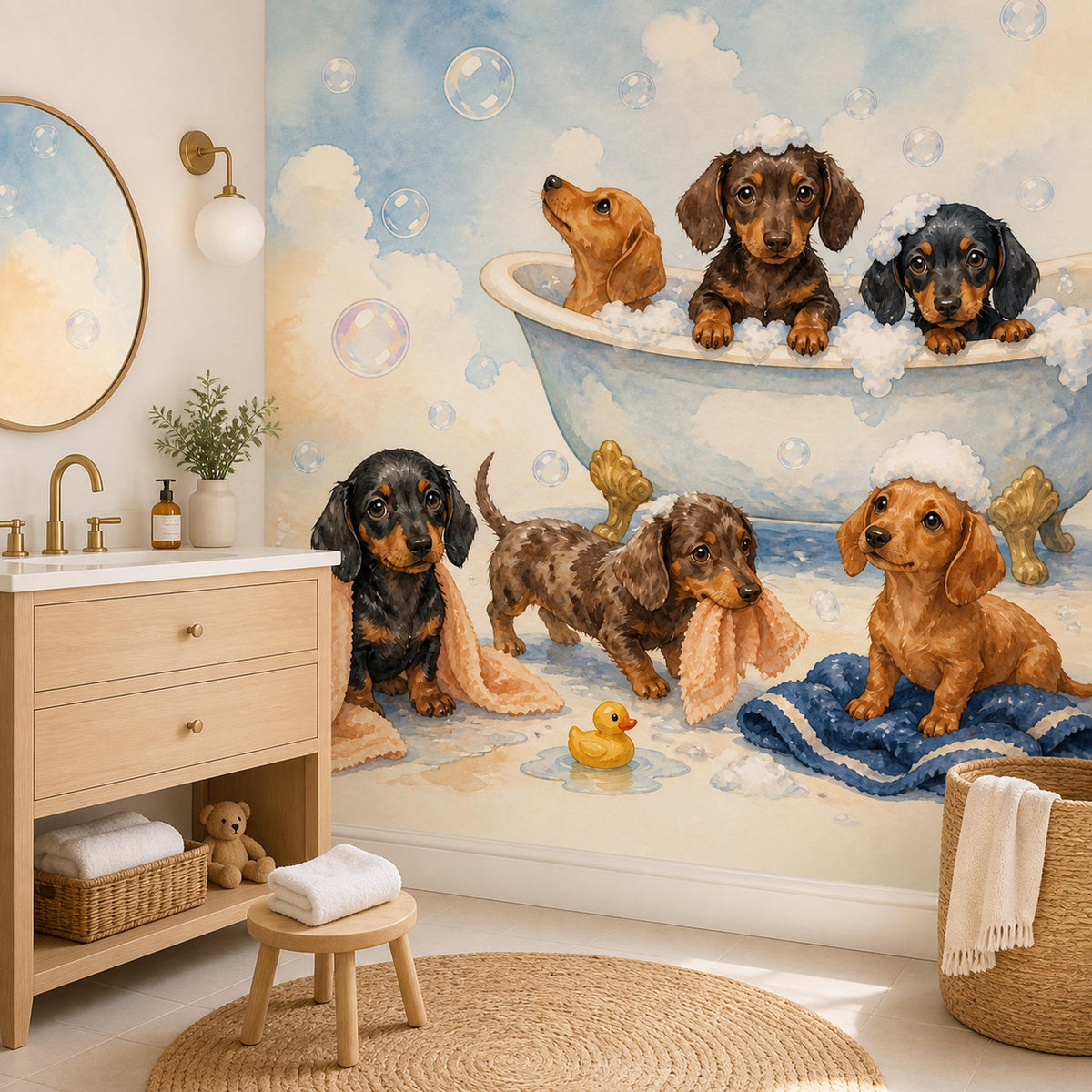 Dachshund bath time mural in a bathroom with a wooden vanity, round mirror and small stool