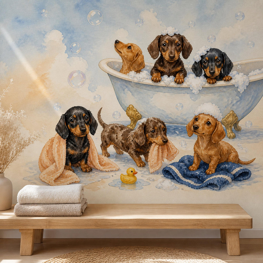 Dachshund bath time mural behind a wooden bench with folded towels and a woven basket