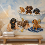 Dachshund bath time mural behind a wooden bench with folded towels and a woven basket