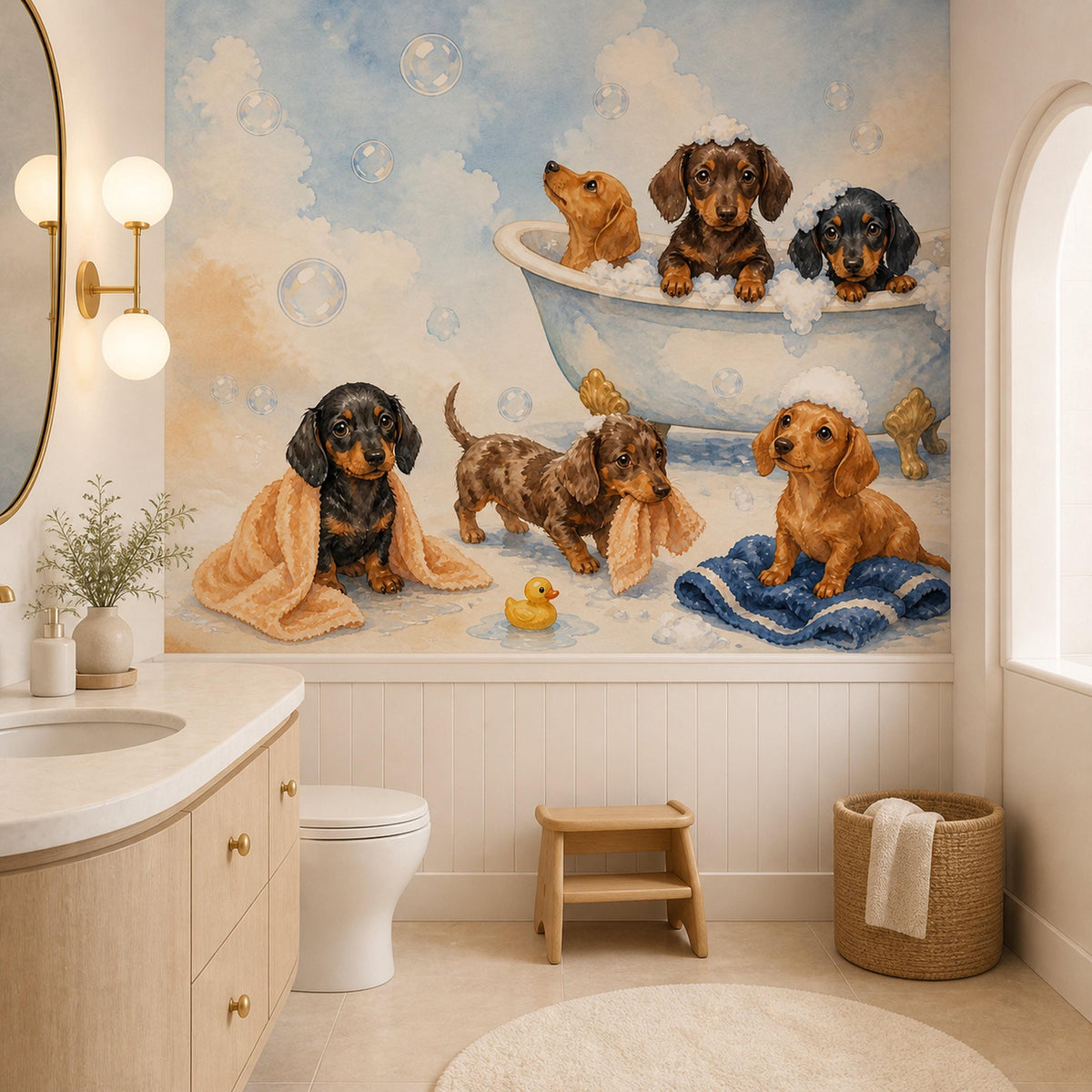 Dachshund bath time mural in a bathroom with globe sconces, a wooden stool and toilet