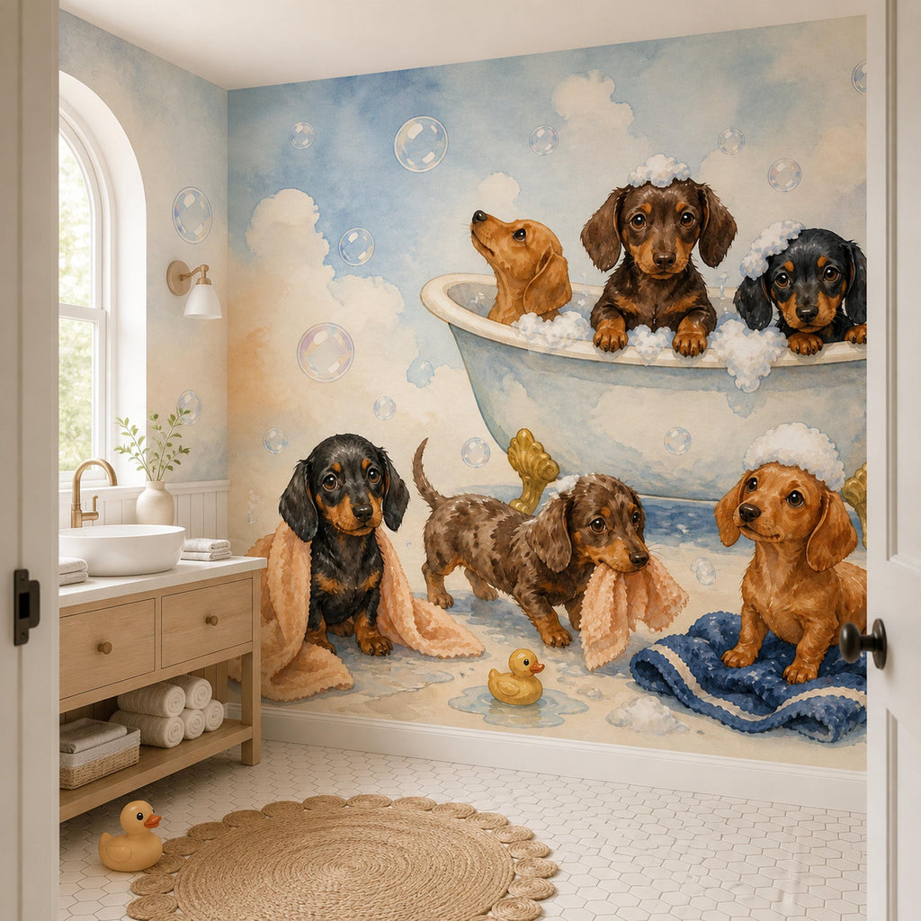 Dachshund bath time mural in a kids bathroom with an arched window, open shelf vanity and jute rug