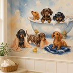 Dachshund bath time mural in a bathroom with wainscoting, a plant and a basket of towels