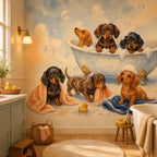 Dachshund bath time mural in a warmly lit bathroom with a clawfoot tub and sage vanity
