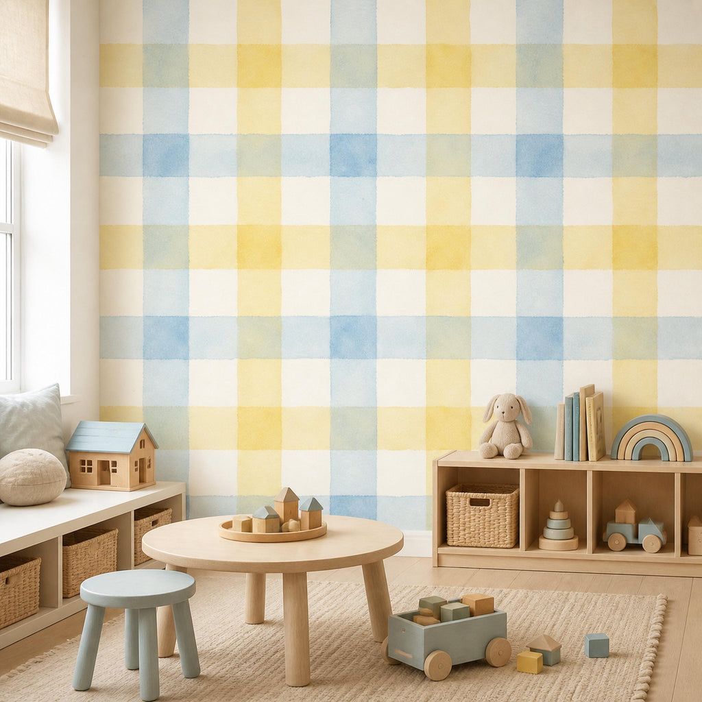 Watercolor gingham wallpaper panel in yellow blue decor styled kids room with soft lighting and linen textiles