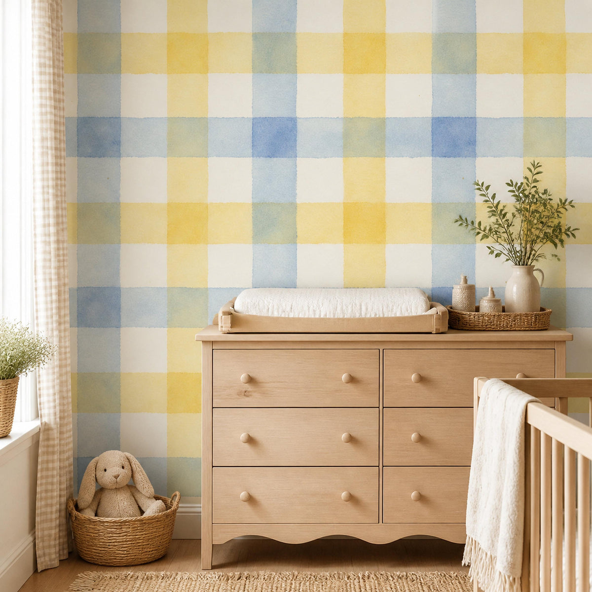 Farmhouse breakfast nook with blue gingham removable wallpaper on shiplap style wall behind a wood dining table