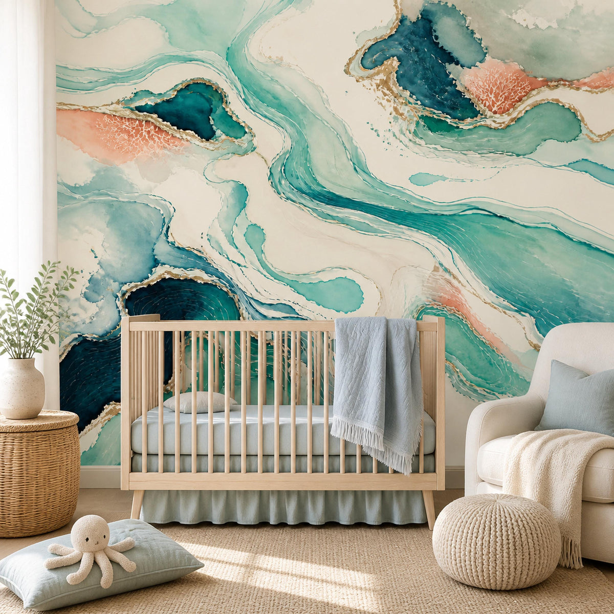 Teal abstract wave wallpaper mural in a nursery with a wooden crib and knit pouf