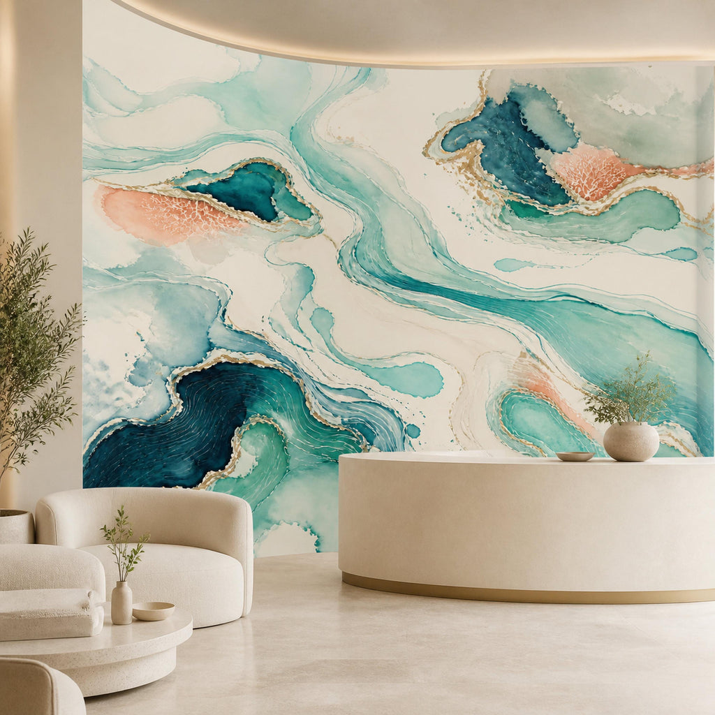 Teal abstract wave wallpaper mural in a curved room with a round cream plinth and armchair
