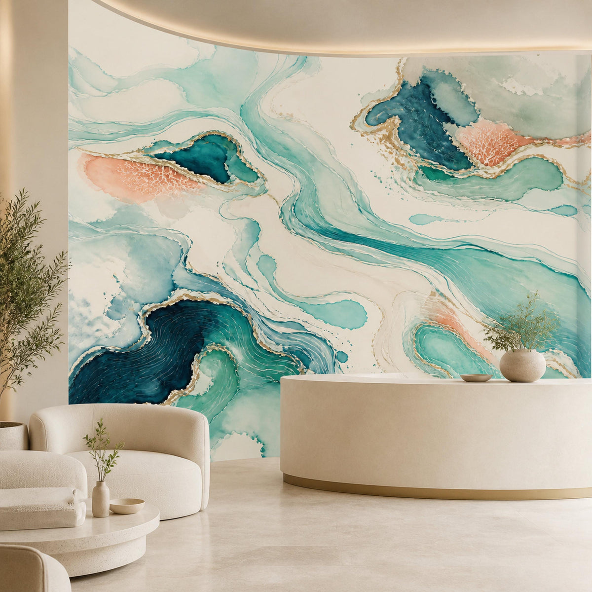 Teal abstract wave wallpaper mural in a curved room with a round cream plinth and armchair