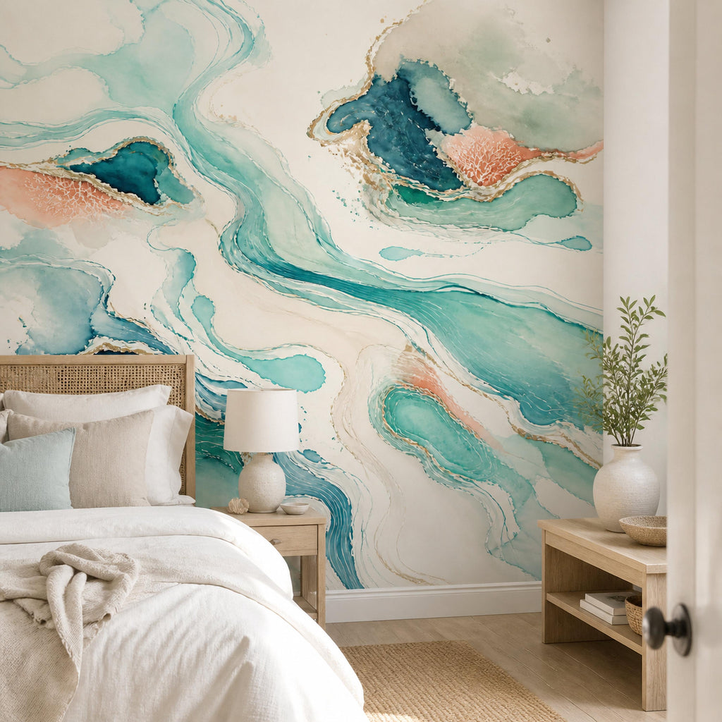 Teal abstract wave wallpaper mural behind a bed with white bedding beside an open door