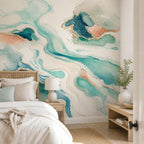 Teal abstract wave wallpaper mural behind a bed with white bedding beside an open door