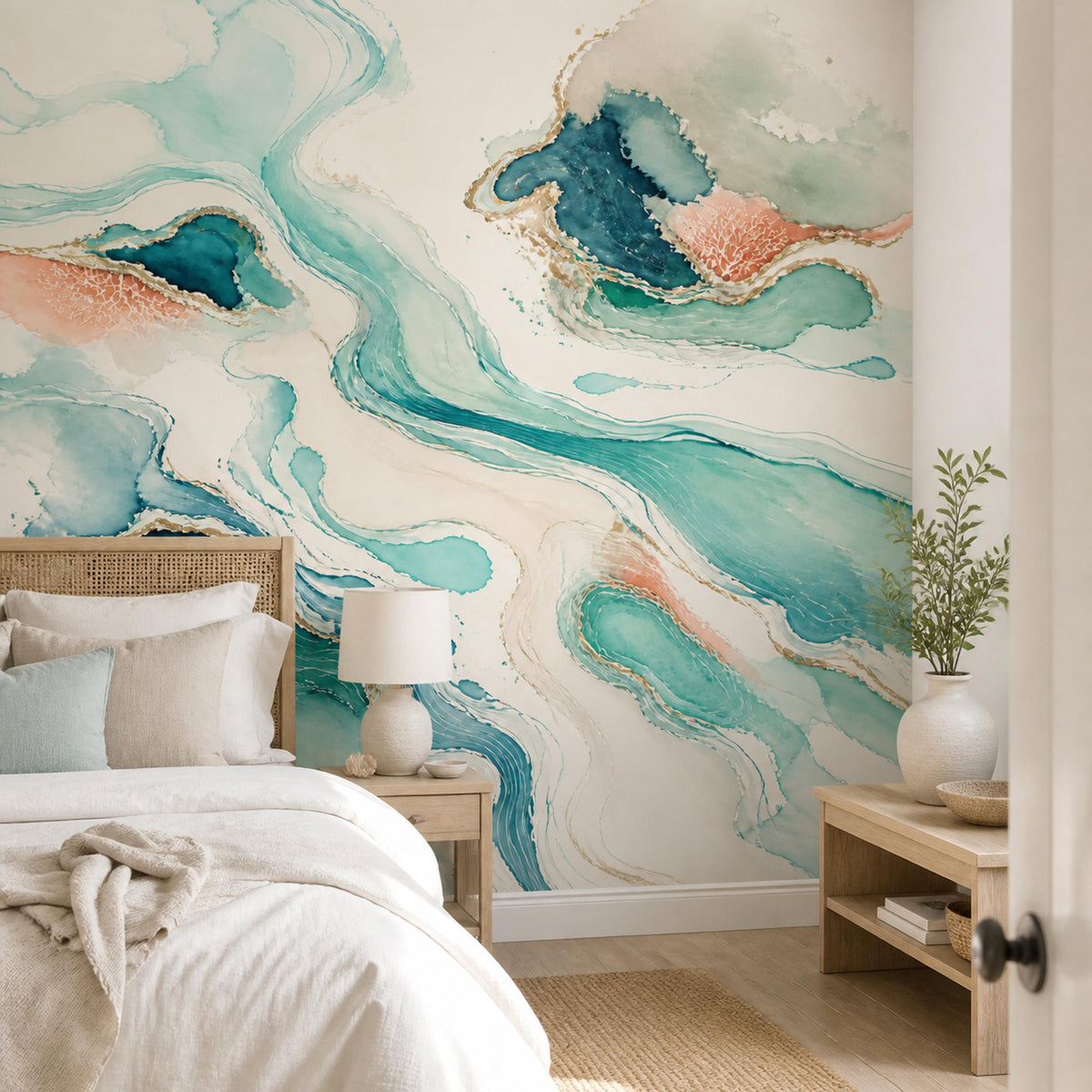 Teal abstract wave wallpaper mural behind a bed with white bedding beside an open door