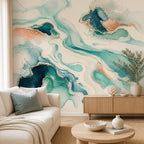 Teal abstract wave wallpaper mural in a living room with a cream sofa, wooden sideboard and round coffee table