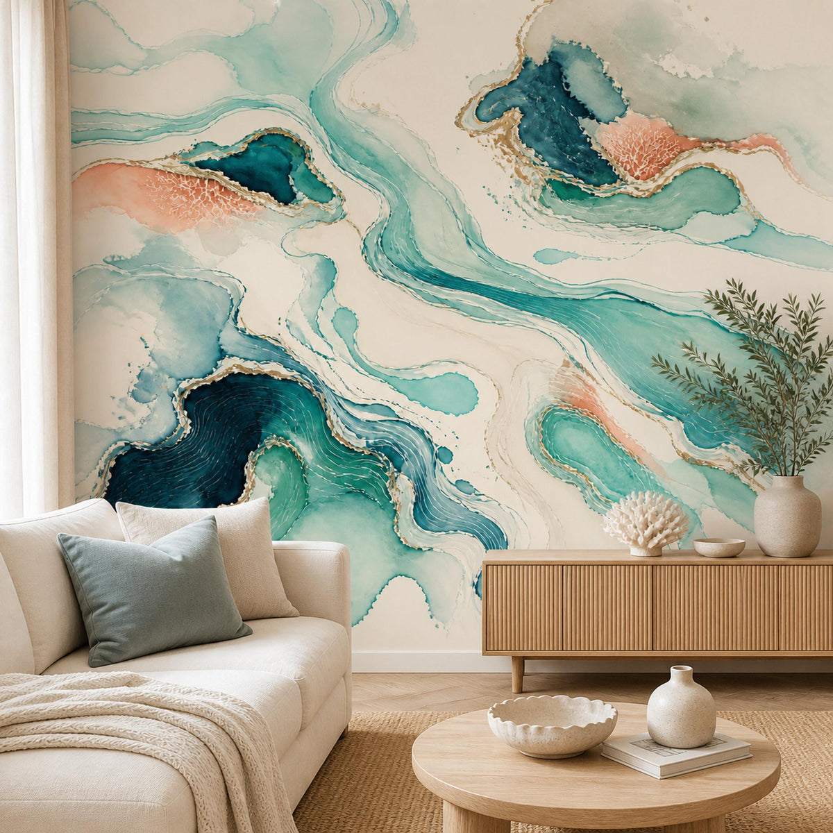 Teal abstract wave wallpaper mural in a living room with a cream sofa, wooden sideboard and round coffee table