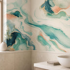 Teal abstract wave wallpaper mural above a beige wainscot with a white bowl on a counter