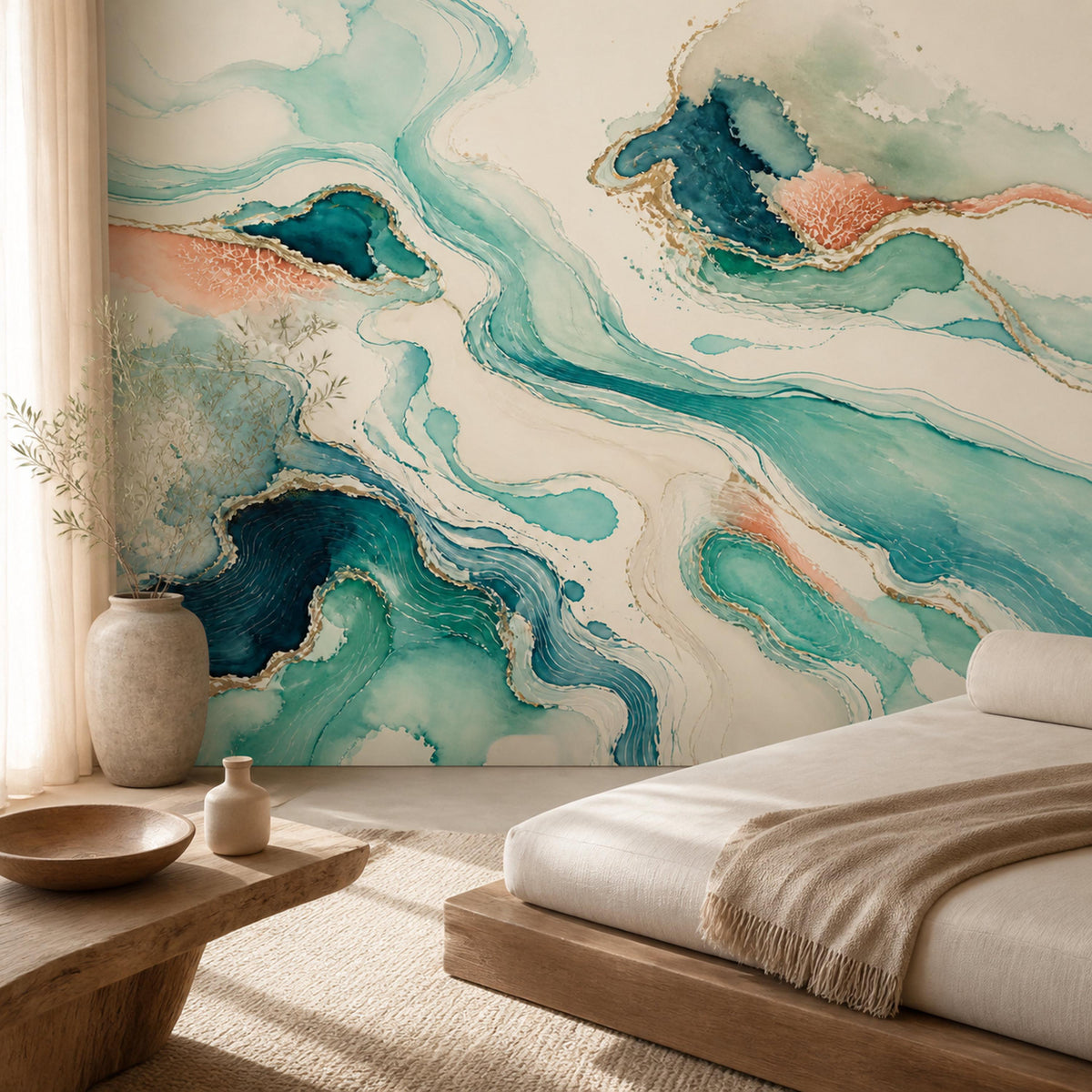 Teal abstract wave wallpaper mural beside a low wooden bed with a ceramic bowl and vases