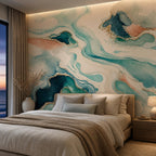 Teal abstract wave wallpaper mural behind a bed in a bedroom with an ocean view window