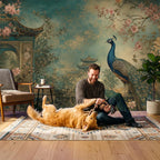 Full wall chinoiserie mural featuring peacocks and blooming Asian floral branches in soft vintage tones