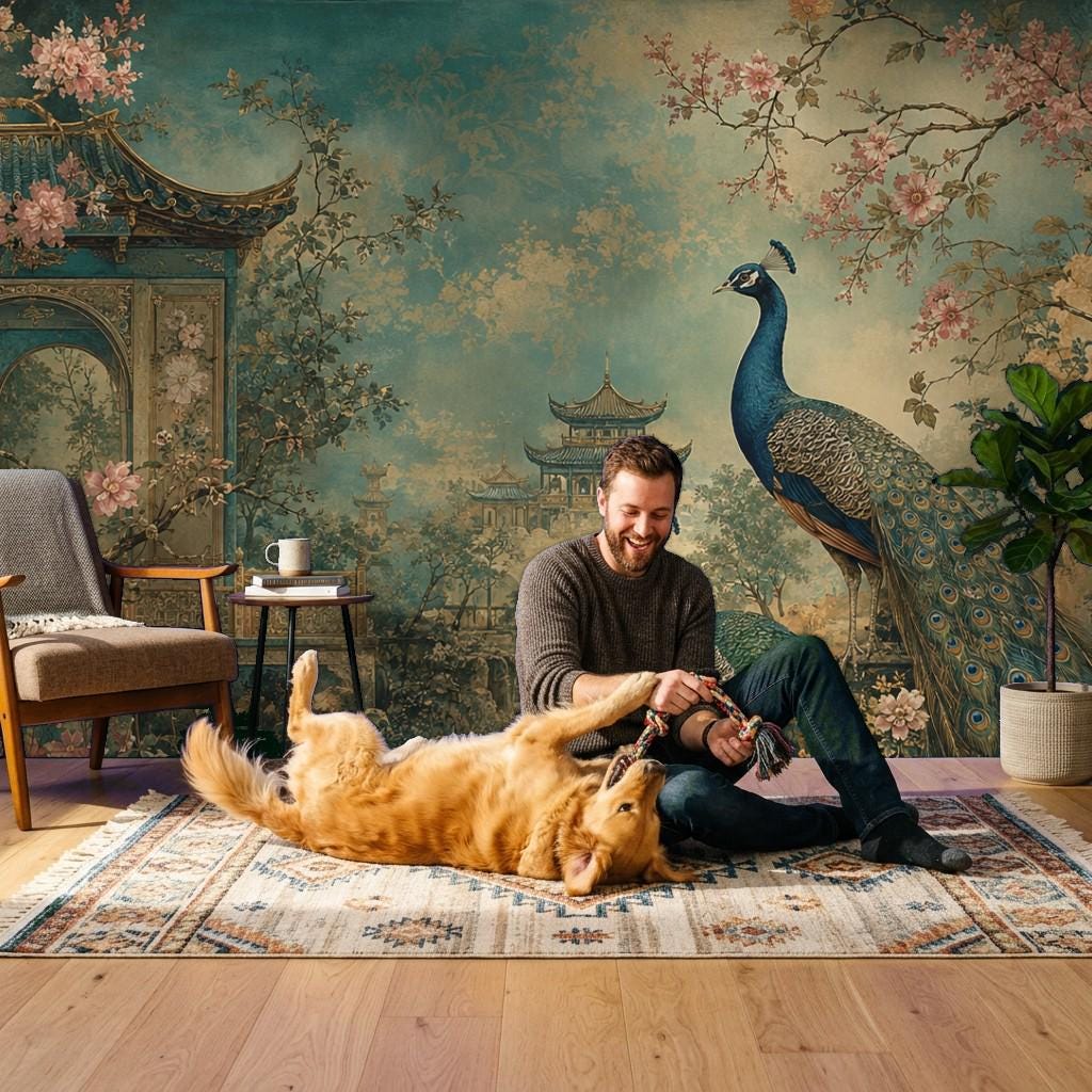 Full wall chinoiserie mural featuring peacocks and blooming Asian floral branches in soft vintage tones