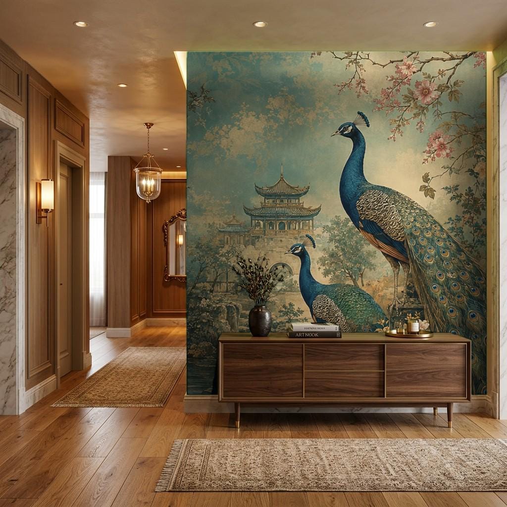 Oriental wall mural panel showing layered chinoiserie garden scene with birds and cascading blossoms
