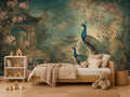 Peacock chinoiserie mural with vintage oriental floral garden design as peel and stick removable wallpaper