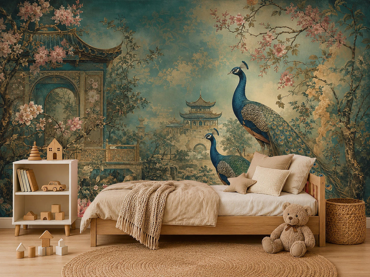 Peacock chinoiserie mural with vintage oriental floral garden design as peel and stick removable wallpaper