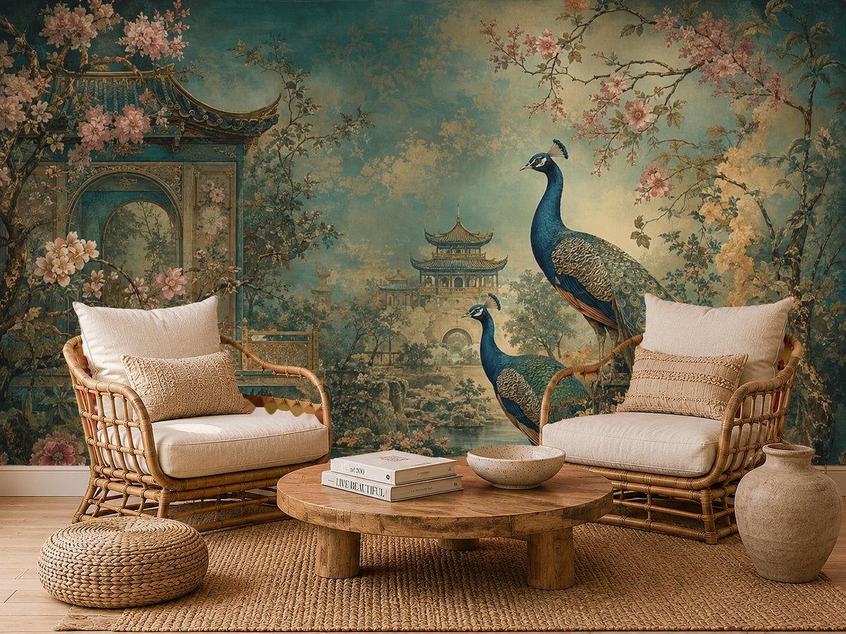 Renter friendly peel and stick mural shown mid-installation on a smooth interior wall surface