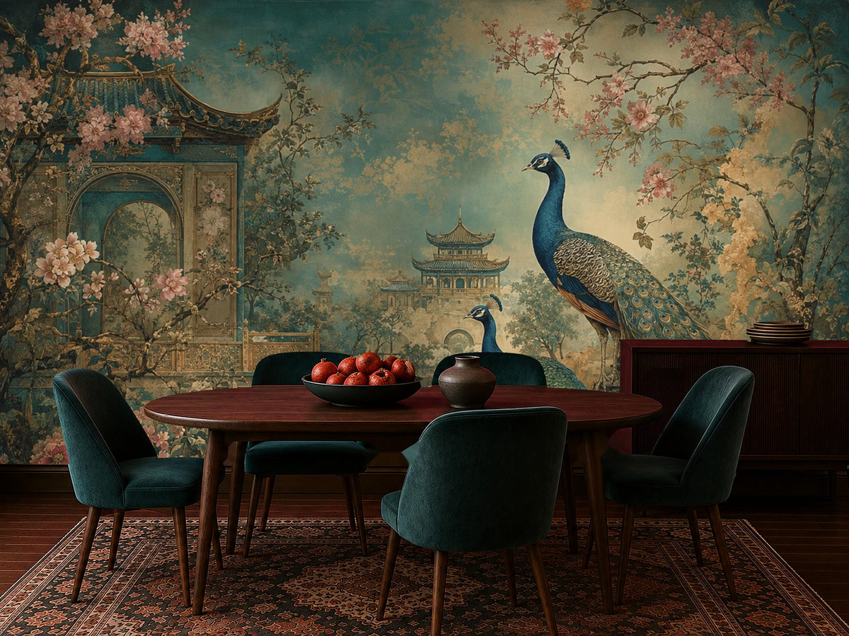 Size and scale chart showing available dimensions for the peacock chinoiserie oriental wall mural panels