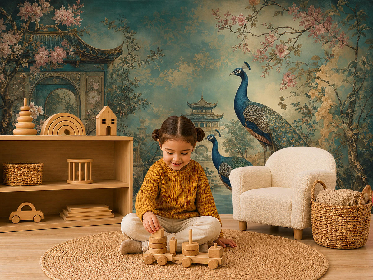 Single mural panel laid flat displaying the full vintage oriental floral garden peacock repeat pattern