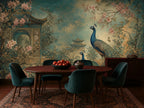 Boho wall decor styling with chinoiserie mural behind rattan furniture and neutral linen accents