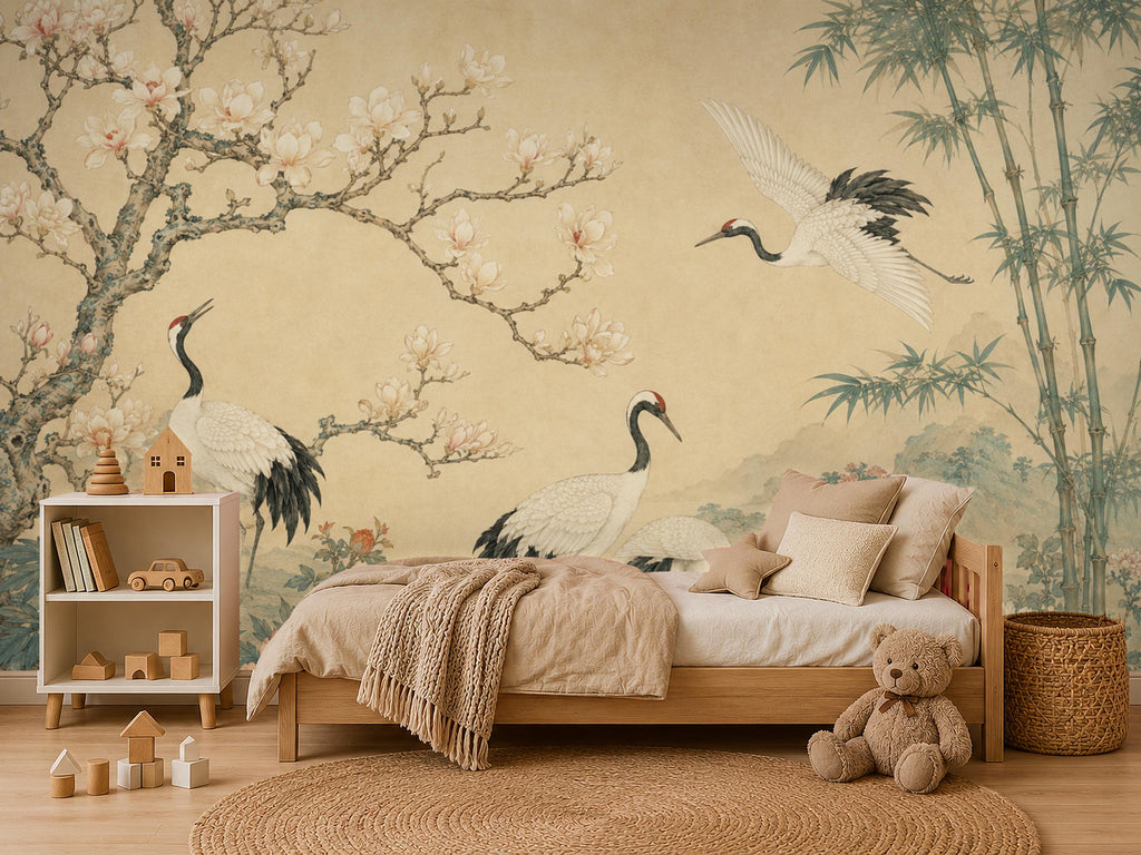 Size and scale chart for Japanese crane removable wallpaper showing available panel dimensions and coverage options