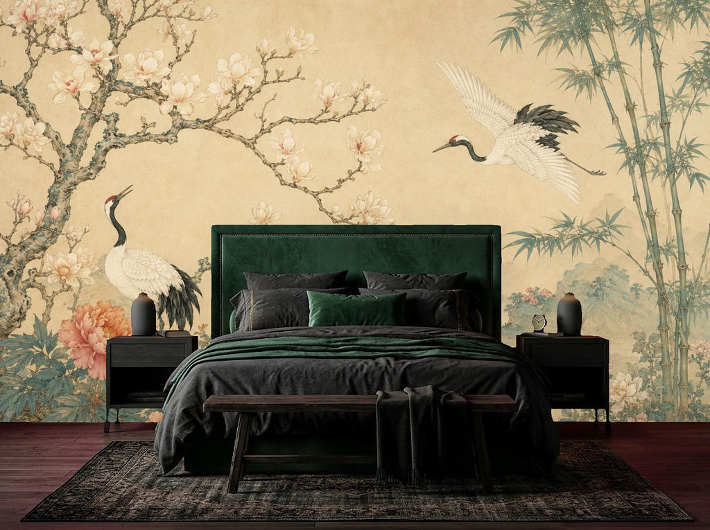 Detail shot of Japanese crane removable wallpaper showing fine line botanical flowers and hand-drawn bird artwork