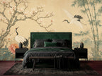 Detail shot of Japanese crane removable wallpaper showing fine line botanical flowers and hand-drawn bird artwork