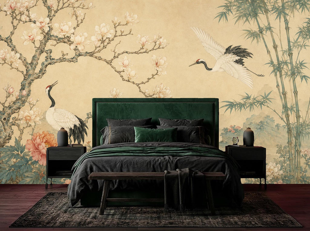 Detail shot of Japanese crane removable wallpaper showing fine line botanical flowers and hand-drawn bird artwork