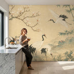 Close-up of Asian bird mural wallpaper texture highlighting intricate crane illustrations and botanical floral details