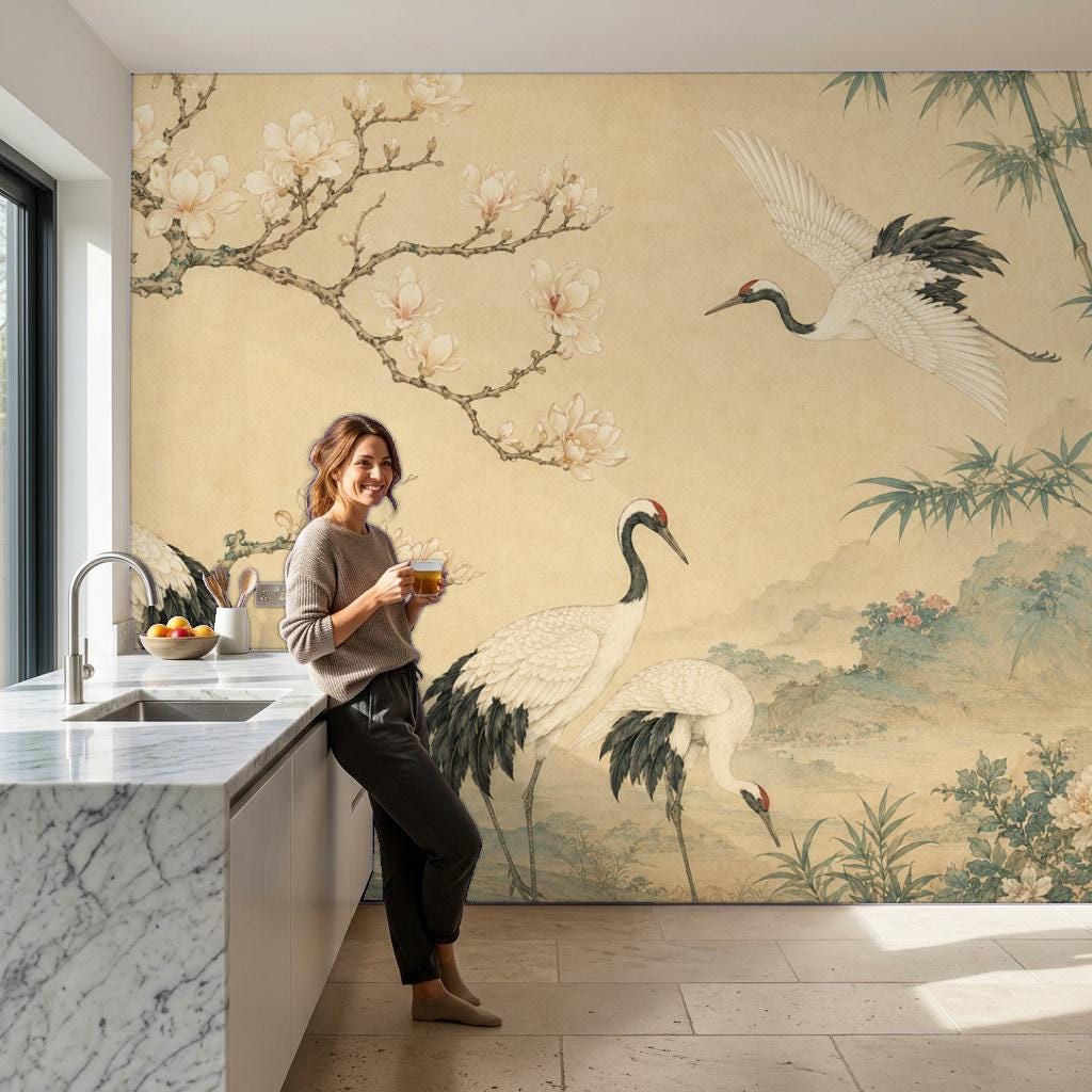 Close-up of Asian bird mural wallpaper texture highlighting intricate crane illustrations and botanical floral details