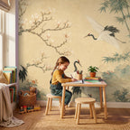 Removable wallpaper panel with Japanese crane design showcasing delicate vintage flowers and graceful flying birds