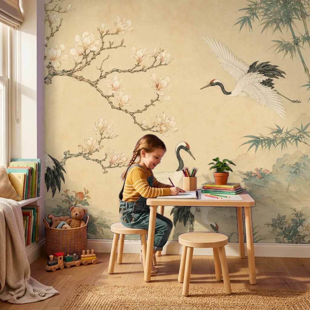 Removable wallpaper panel with Japanese crane design showcasing delicate vintage flowers and graceful flying birds