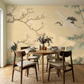 Japanese crane peel and stick wallpaper featuring vintage floral motifs and elegant Asian birds on a soft background