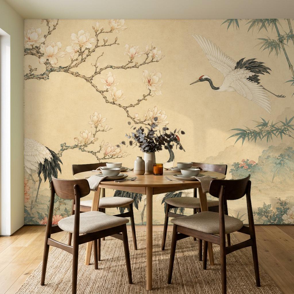 Japanese crane peel and stick wallpaper featuring vintage floral motifs and elegant Asian birds on a soft background