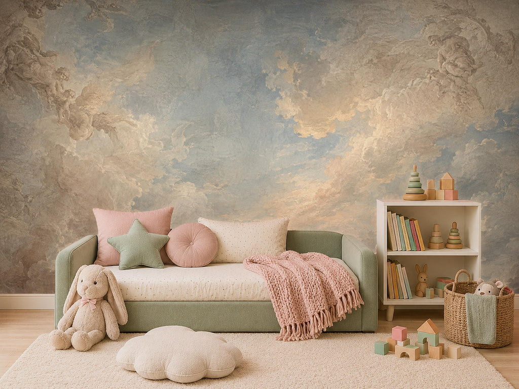 Corner detail of sky peel and stick wallpaper showing seamless alignment between two cloud panels