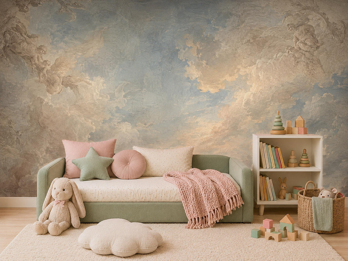 Corner detail of sky peel and stick wallpaper showing seamless alignment between two cloud panels