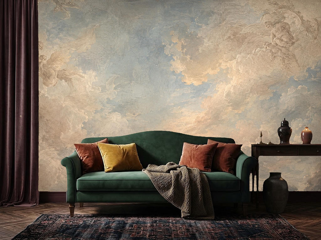 Size and scale chart for heavenly sky wallpaper showing panel dimensions and repeat measurements