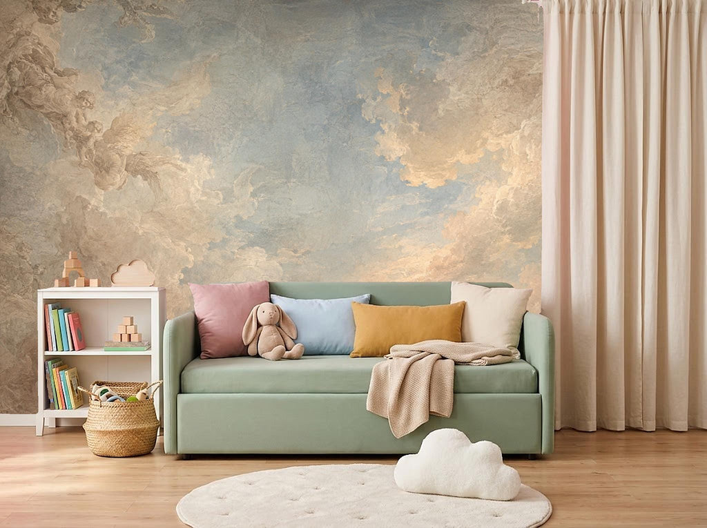 Cloud wallpaper panel laid flat displaying full repeat pattern of heavenly sky and angelic clouds