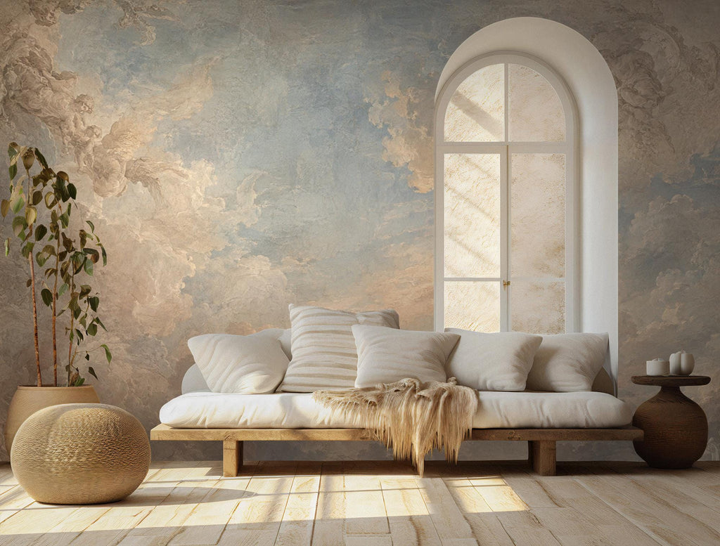 Angelic cloud wall mural installed in a bright living room with white furniture and natural light