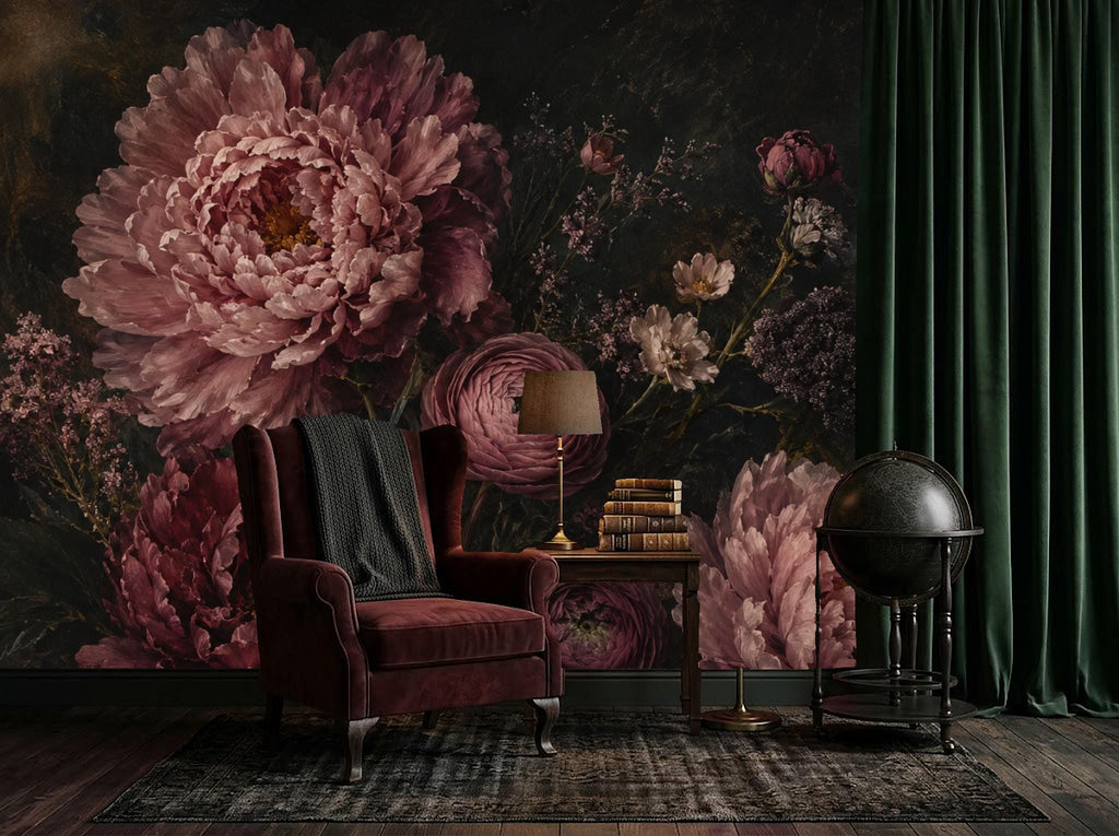 Step by step instruction graphic for applying peel and stick wallpaper panels to achieve a seamless floral mural