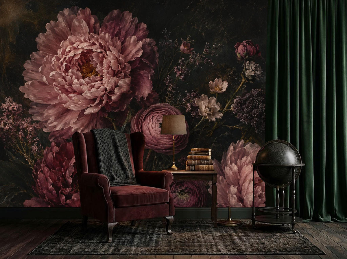 Step by step instruction graphic for applying peel and stick wallpaper panels to achieve a seamless floral mural