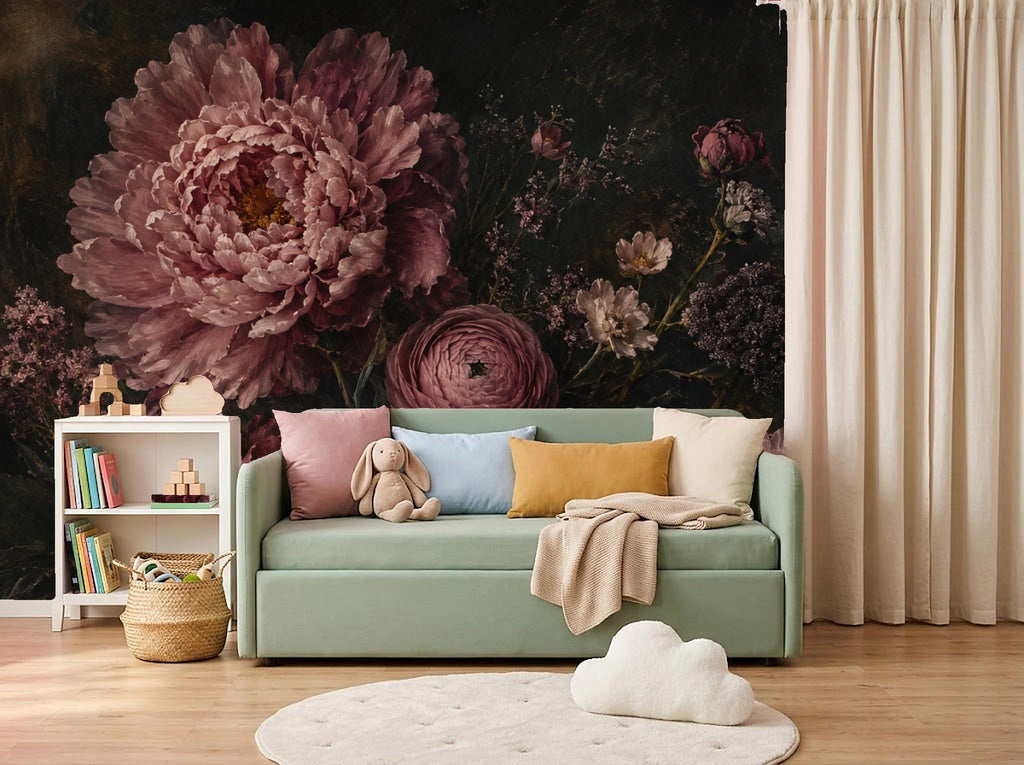 Dark floral wall decor in a reading nook with bookshelves greenery and soft natural light