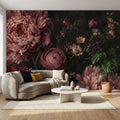 Dark floral peel and stick wallpaper with vintage botanical blooms in moody deep tones for a dramatic accent wall